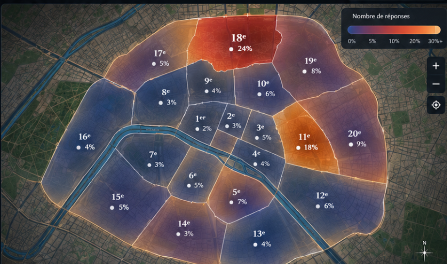 Exemple illustratif de carte des arrondissements de Paris colorés selon des réponses fictives ; les pourcentages ne sont pas des données de campagne